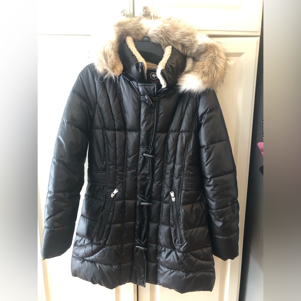 Women’s Large Black Halifax Traders HFX Hooded Faux Fur Trim Parka